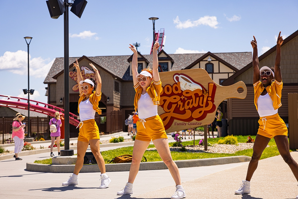 Gobble Groove Crew dances in front of Good Gravy! at Holiday World
