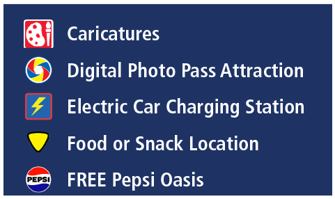 Caricatures, Digital Photo Pass Attraction, Electric Car Charging Station, Food or Snack Location, FREE Pepsi Oasis