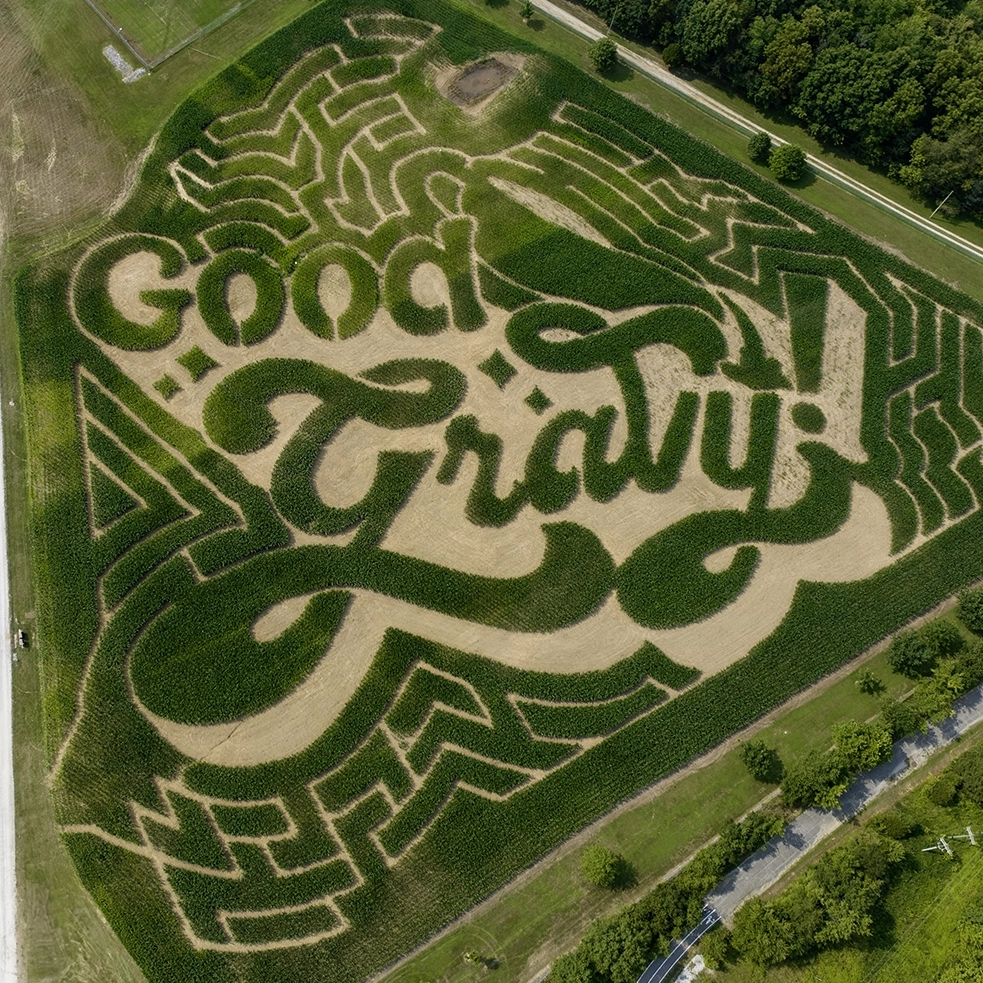 Aerial view of the 2024 Holiday World Happy Halloween Weekends Corn Maze design featuring the Good Gravy! Logo.