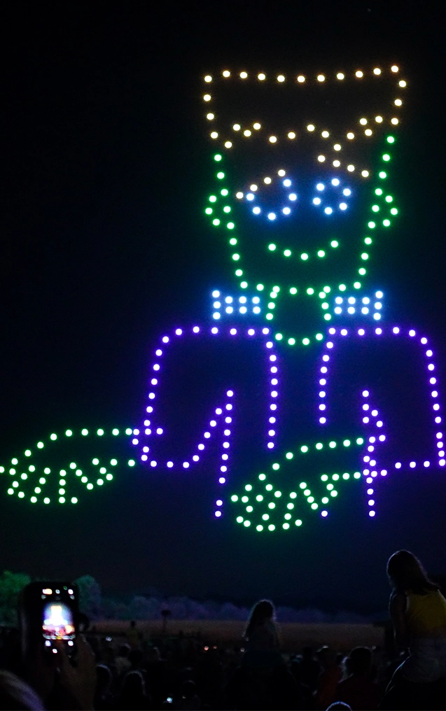 A dancing monster made of drones during Halloween in the Sky at Holiday World.