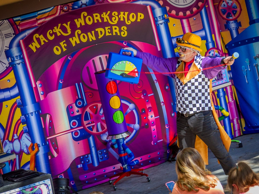 Professor D. R. Holiday in the Wacky Workshop of Wonders at Holiday World during Happy Halloween Weekends.