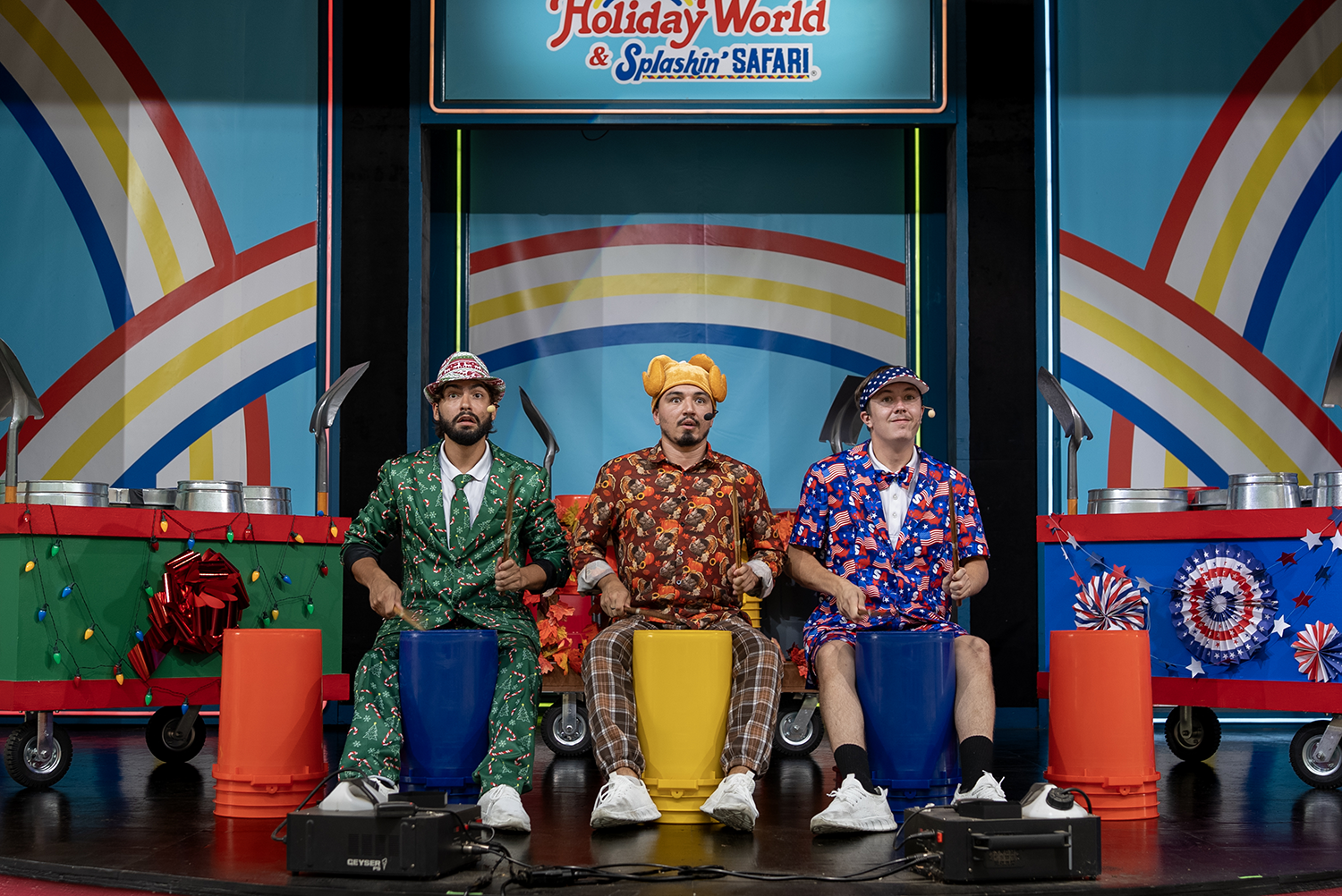 Seasonal Sticks Drum Corps on Hoosier Celebration Theater stage at Holiday World & Splashin' Safari