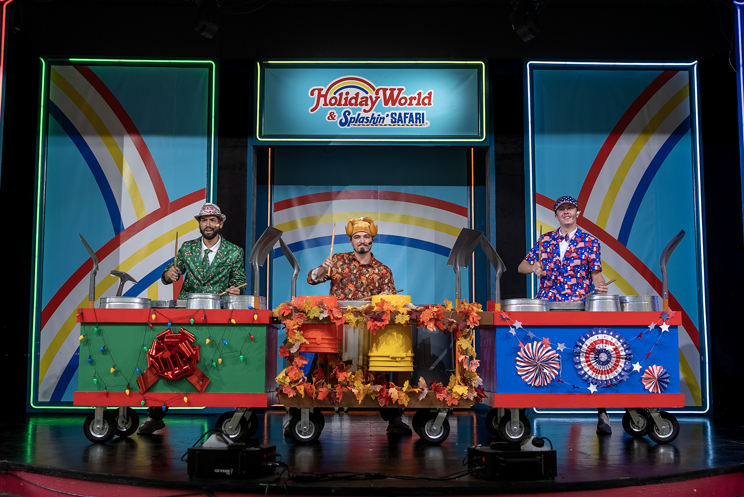 Seasonal Sticks Drum Corps on Hoosier Celebration Theater stage at Holiday World & Splashin' Safari
