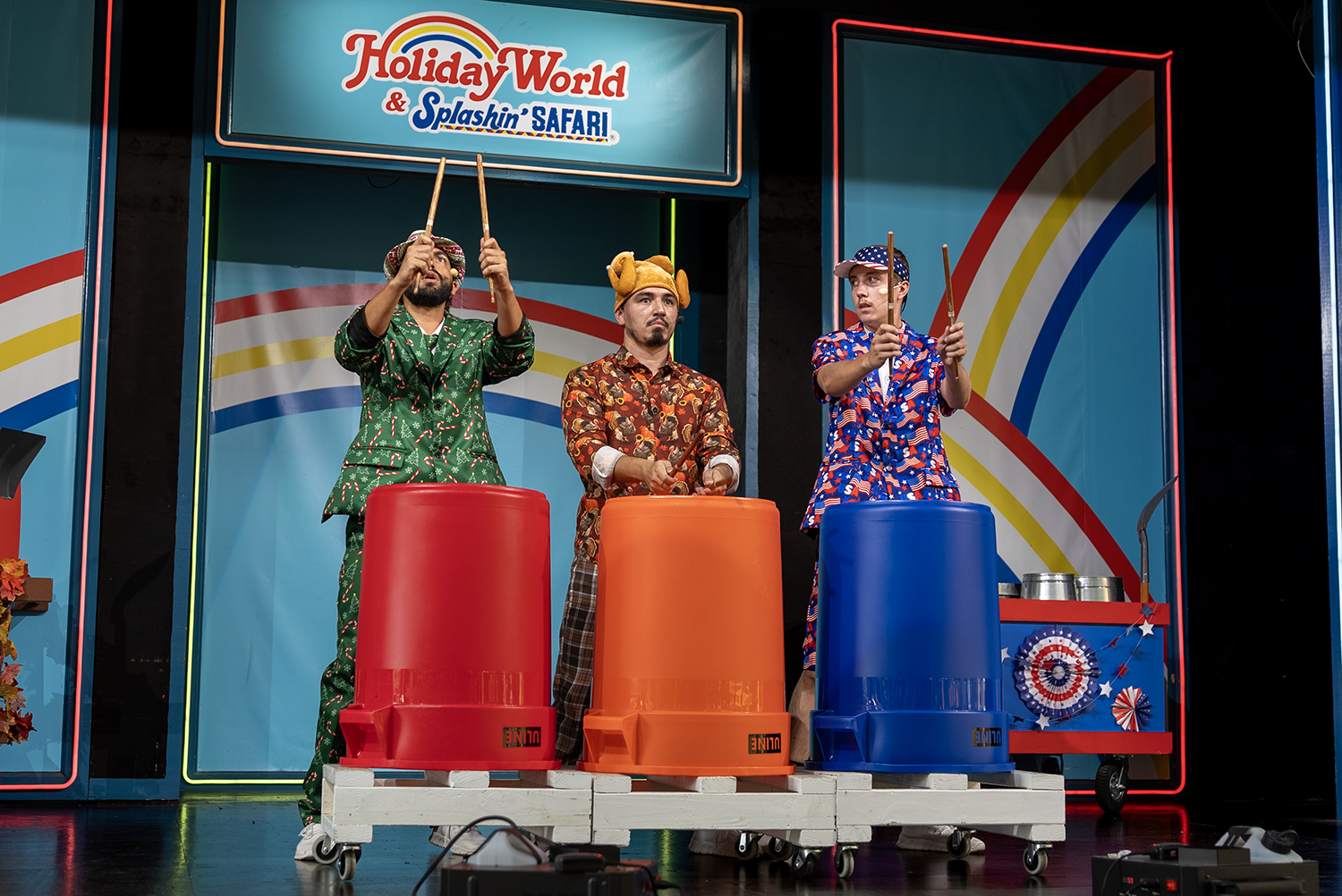 Seasonal Sticks Drum Corps on Hoosier Celebration Theater stage at Holiday World & Splashin' Safari