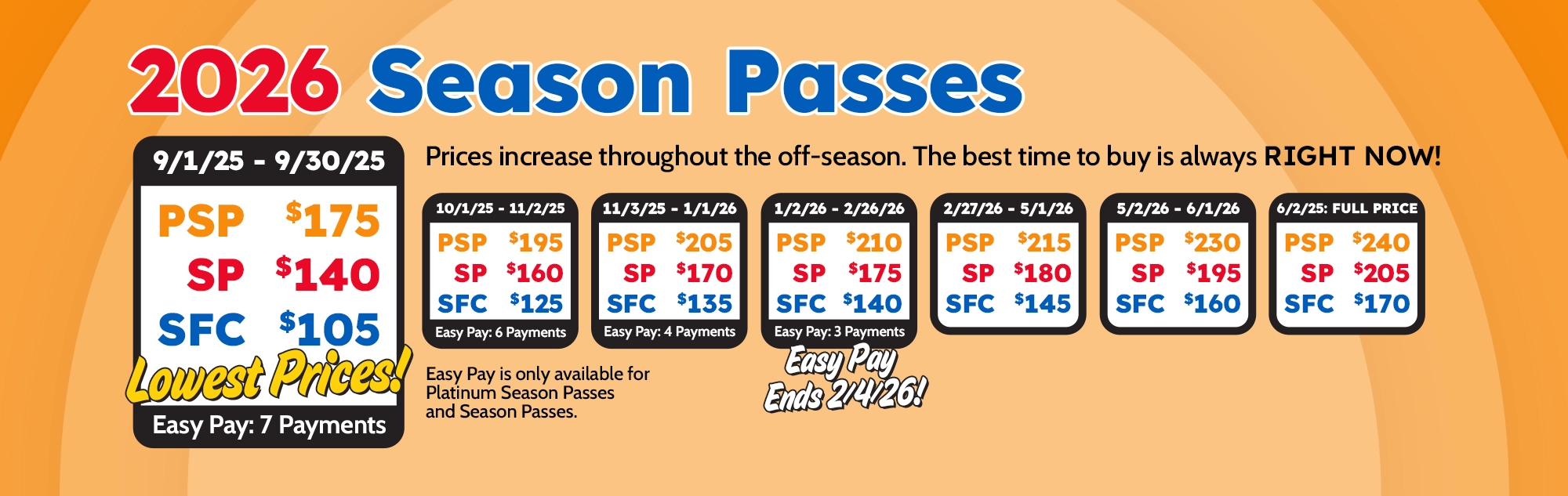 2026 Season Passes are on sale now! Prices increase through the off-season so the best time to buy is always right now!