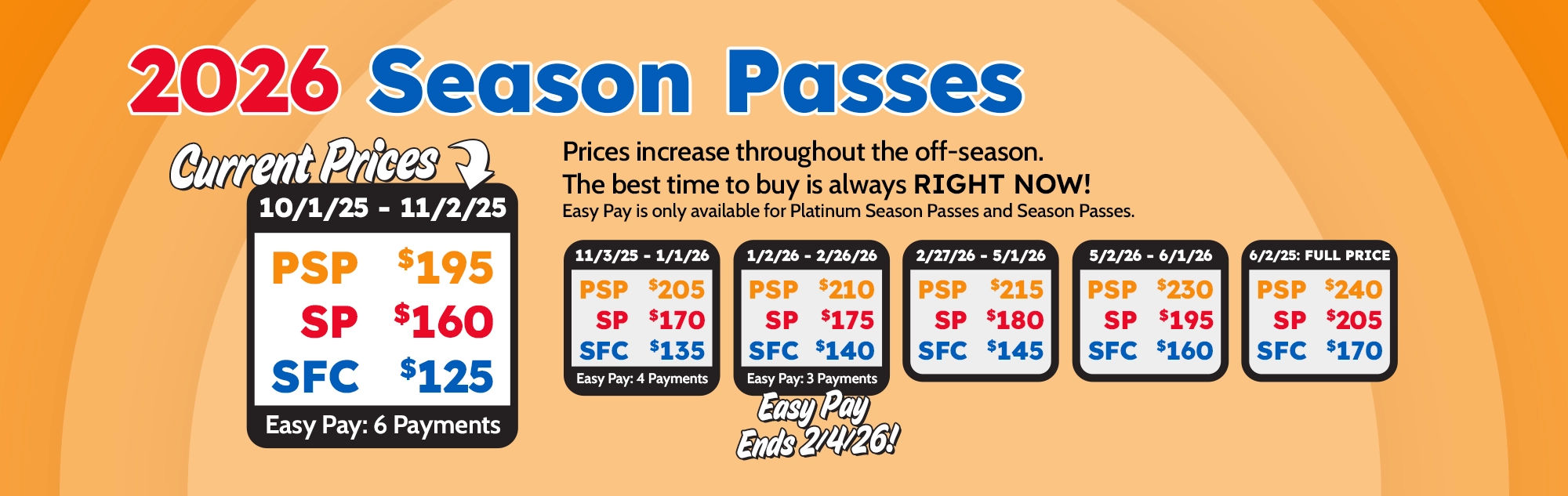 2026 Season Passes are on sale now! Prices increase through the off-season so the best time to buy is always right now!