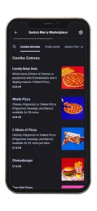 Mobile Ordering Screen for Santa's Merry Marketplace showing the menu of food items.