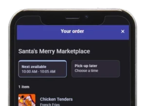 Mobile ordering screen for Santa's Merry Marketplace showing Next Available Pickup Time.
