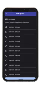 Mobile ordering screen for Santa's Merry Marketplace showing future time windows for pick-up.