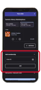 Mobile ordering screen for Santa's Merry Marketplace showing how to enter a Season Passholder number for discounts under "Add Membership".