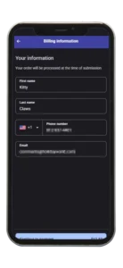 Mobile ordering screen for Santa's Merry Marketplace showing the basic contact information needed to place your order including name, phone number, and email address.