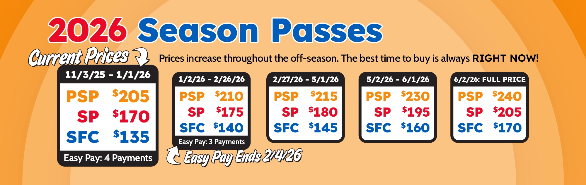 2026 Season Passes are on sale now! Prices increase through the off-season so the best time to buy is always right now!