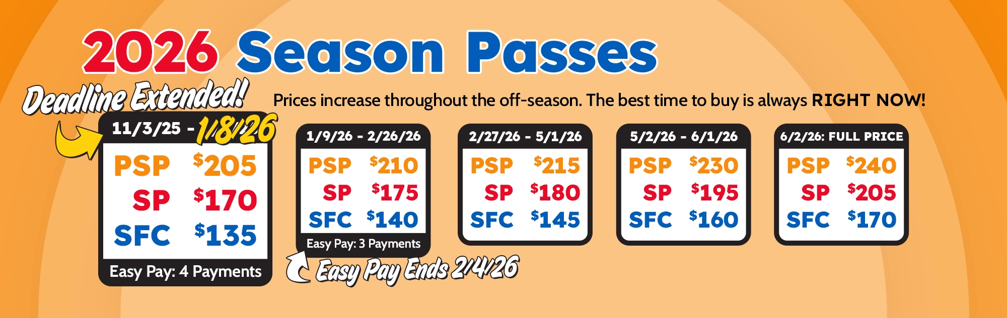 2026 Season Passes are on sale now! Prices increase through the off-season so the best time to buy is always right now!