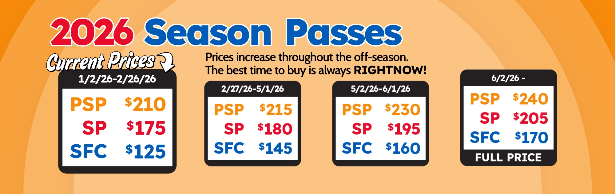 2026 Season Passes are on sale now! Prices increase through the off-season so the best time to buy is always right now!