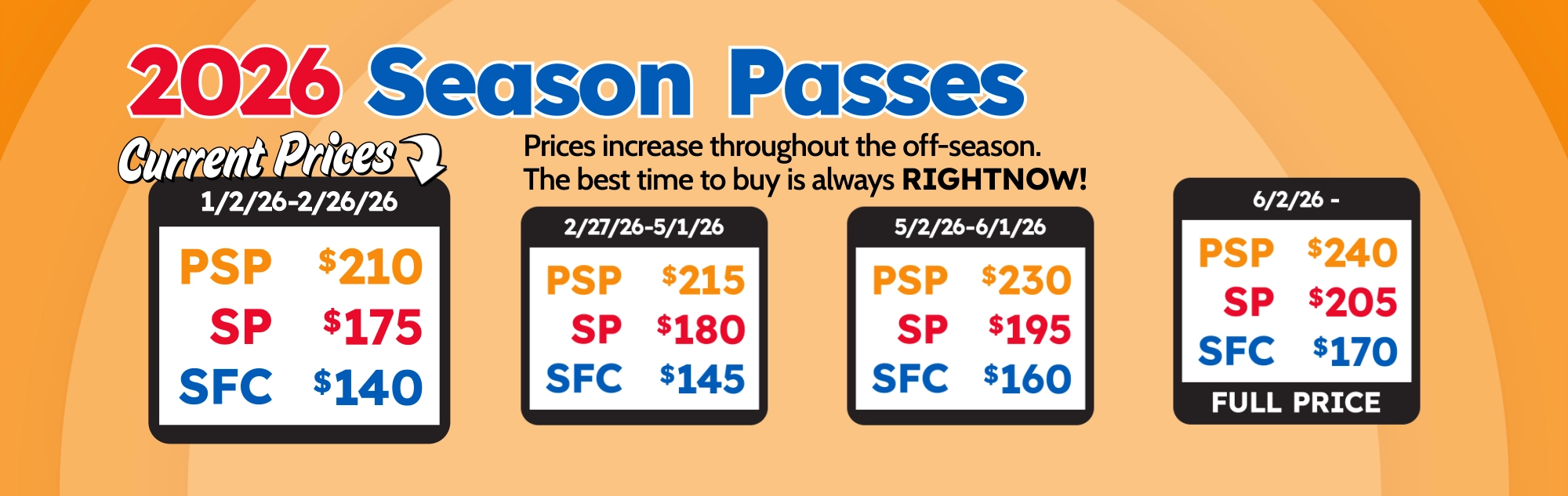 2026 Season Passes are on sale now! Prices increase through the off-season so the best time to buy is always right now!