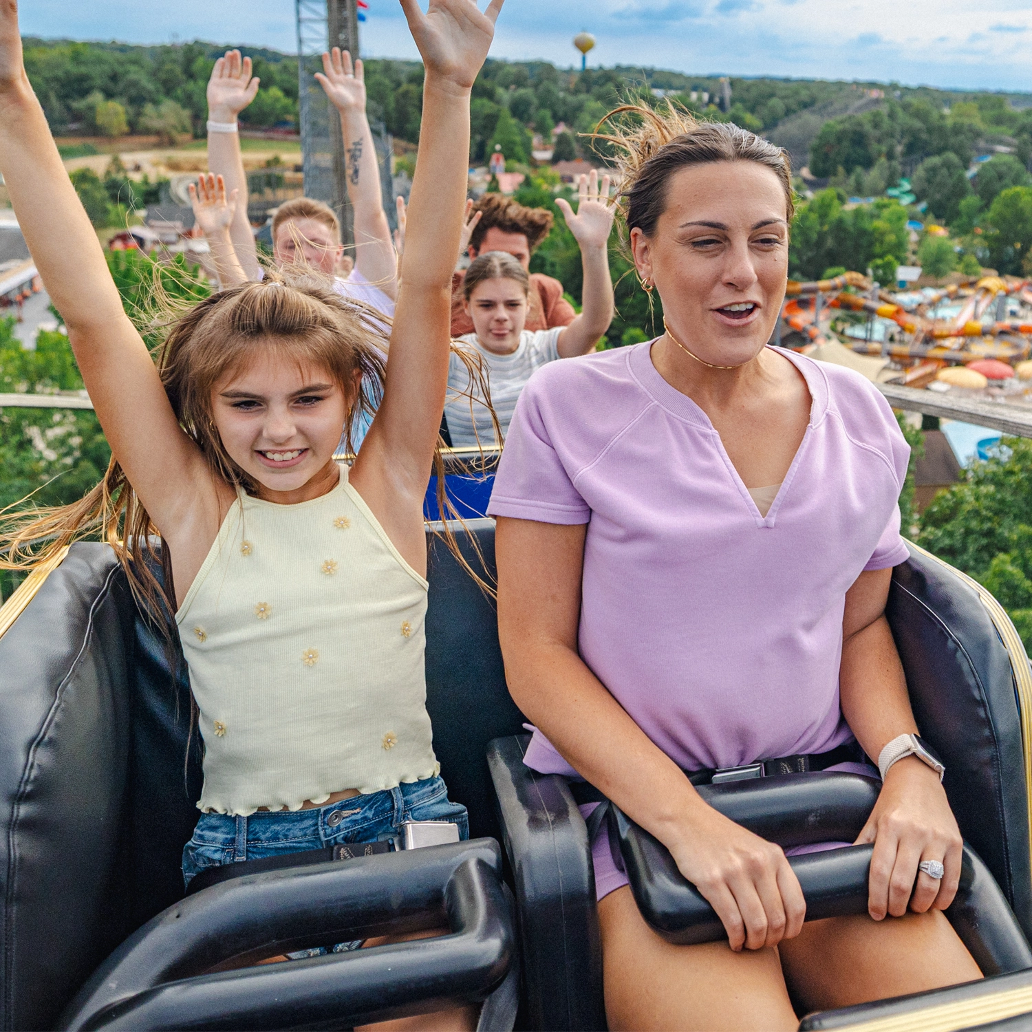 A mom and daughter riding The Voyage at Holiday World & Splashin' Safari in Santa Claus, Indiana.