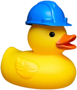 yellow rubber duck wearing a hard hat