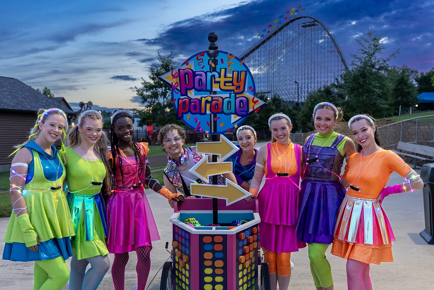 Cast of the Party Parade traveling show, performing prior to Neon Nights and Holidays in the Sky at Holiday World & Splashin' Safari
