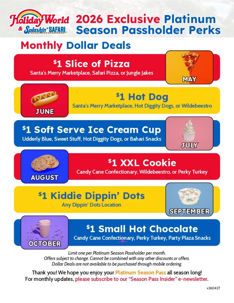 Listing of the 2026 Holiday World & Splashin' Safari Platinum Season Passholder Monthly $1 Deals